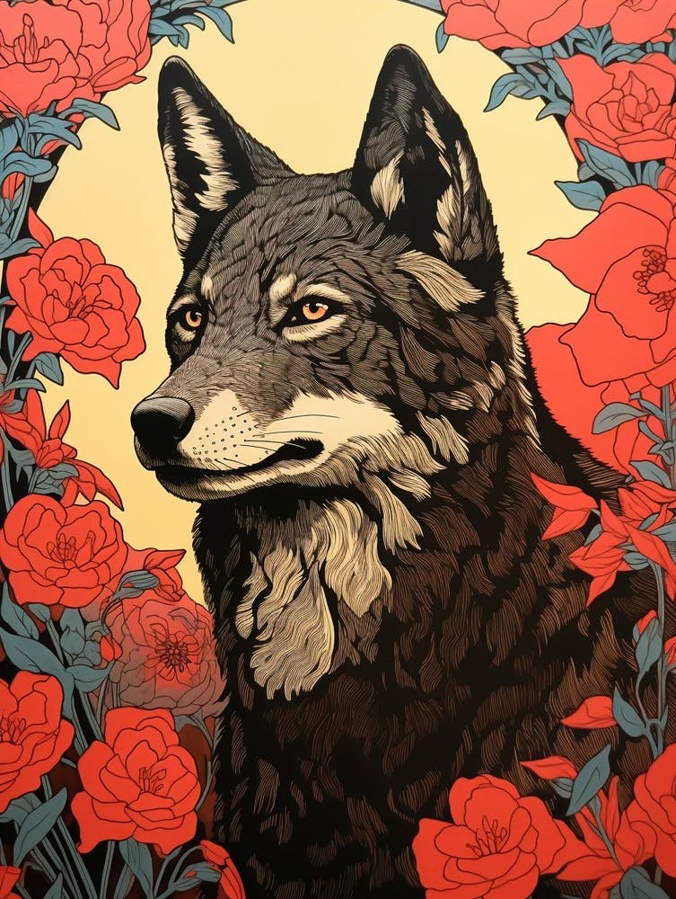 Red Wolf Vintage Woodblock 2