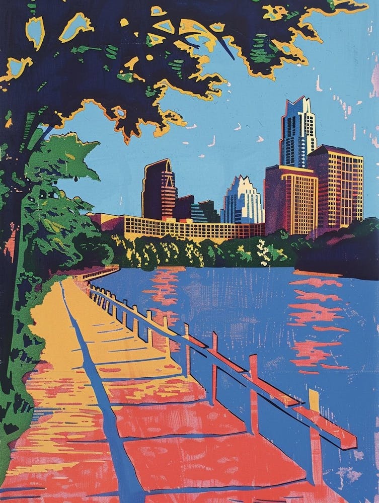 Lady Bird Lake And The Boardwalk Austin Texas Colourful Blockprint 2