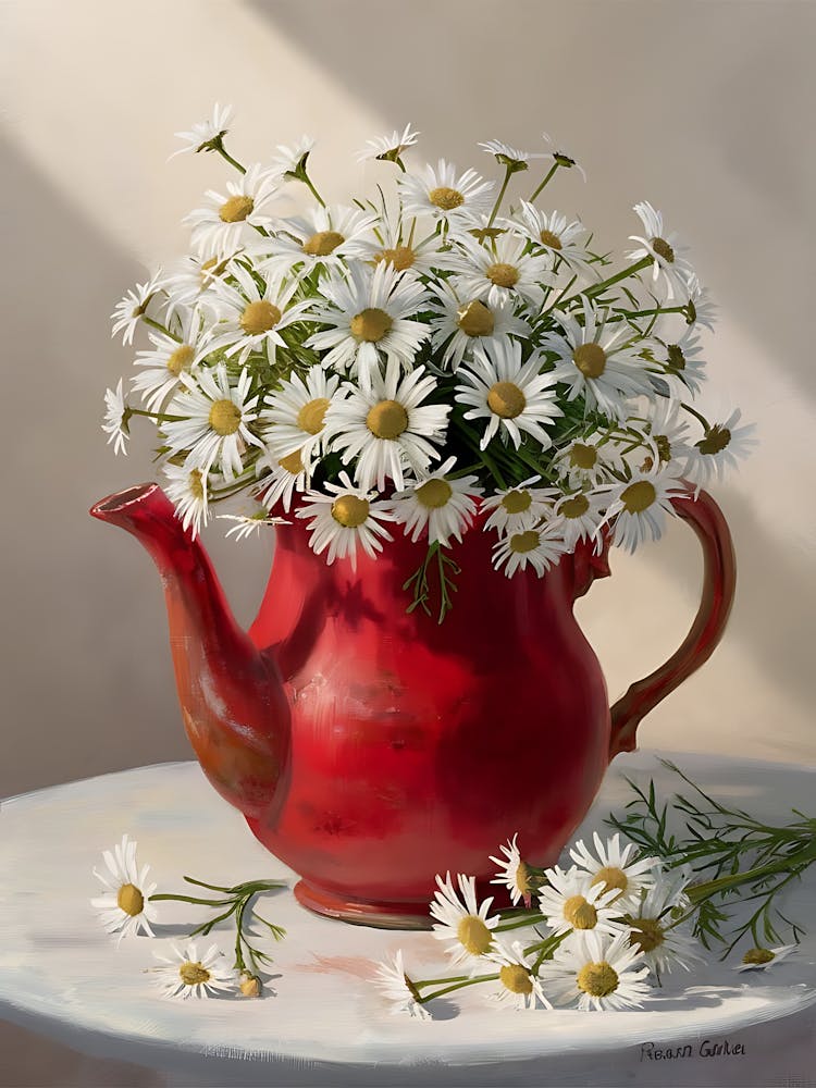 Daisies In A Red Teapot