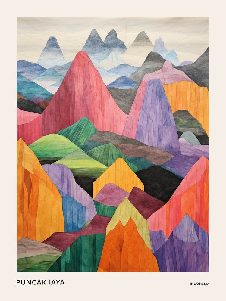 Puncak Jaya Indonesia 2 Colourful Mountain Illustration Poster