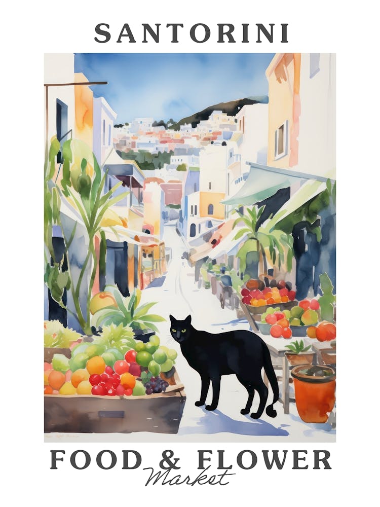 Lebensmittelmarkt mit Katzen in Santorini 1 Poster