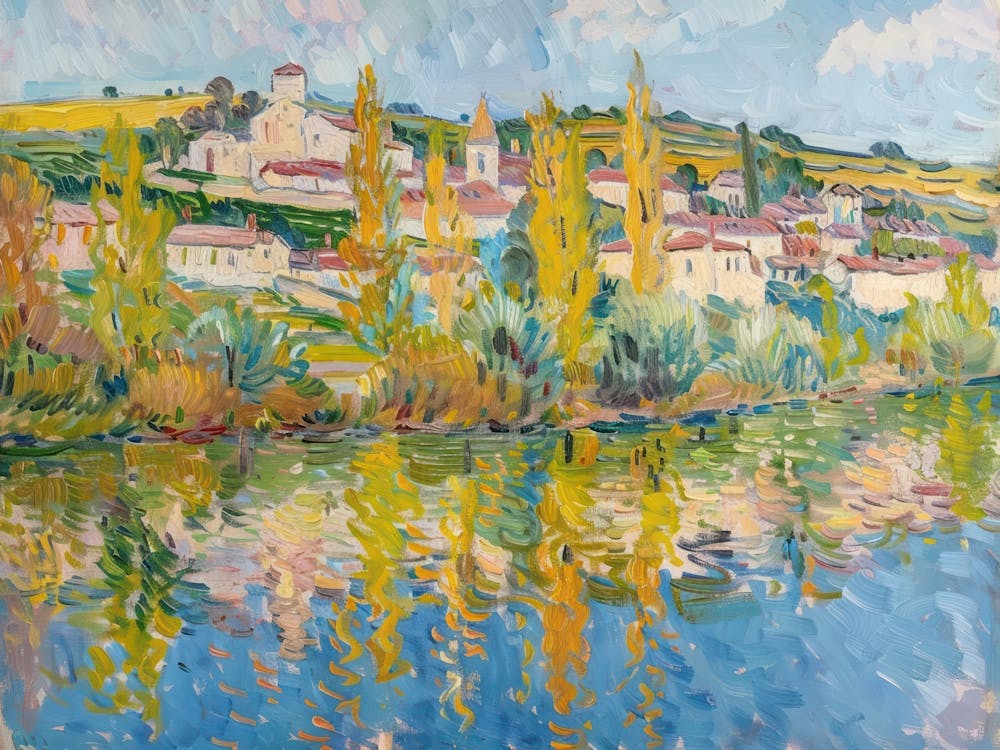Lakeside Village Rhapsody Painting Inspired By Paul Cezanne