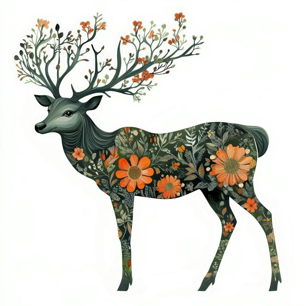 Deer With Flowers.Generated AI. Wall