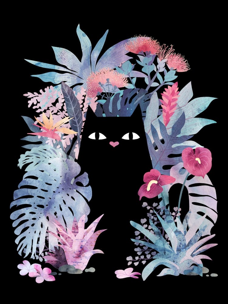 Popoki (Black Cat in Tropical Flowers) on Black