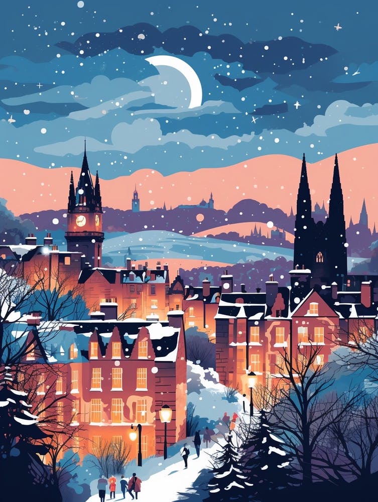 Winter Travel Night Illustration Edinburgh Scotland 4