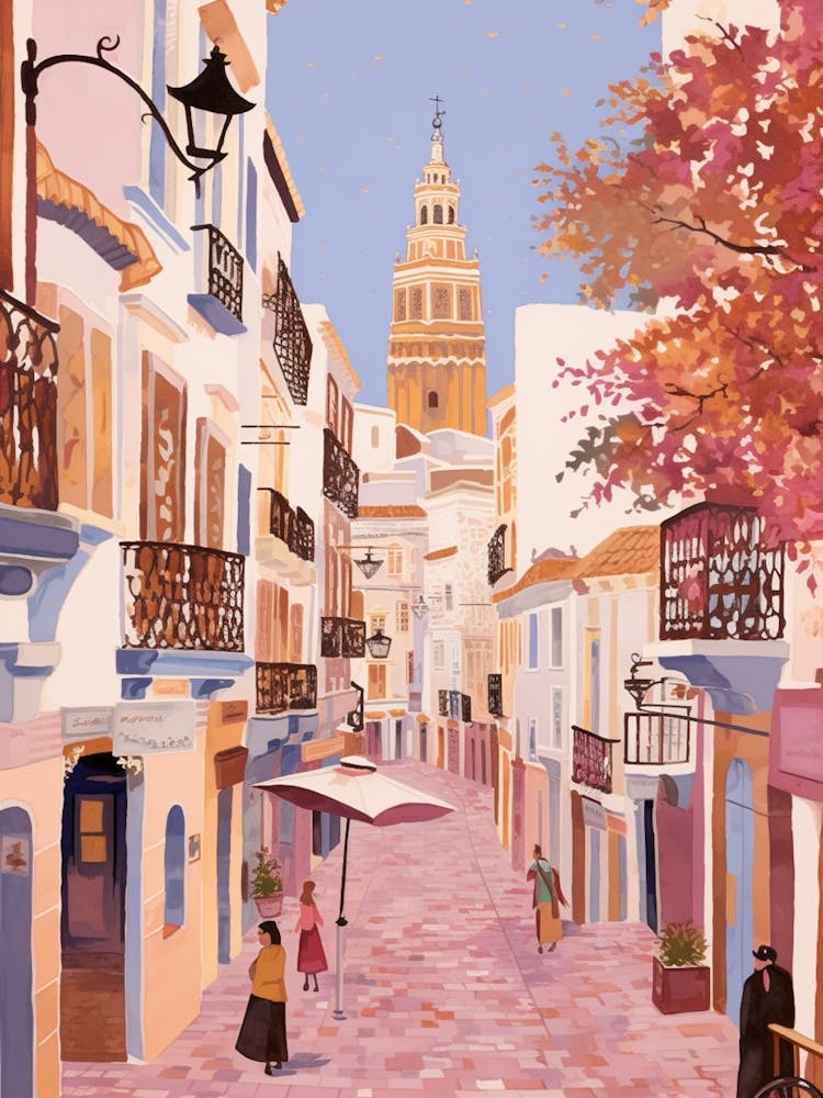 Sevilla Spanien 1 Vintage Rosa Reiseillustration