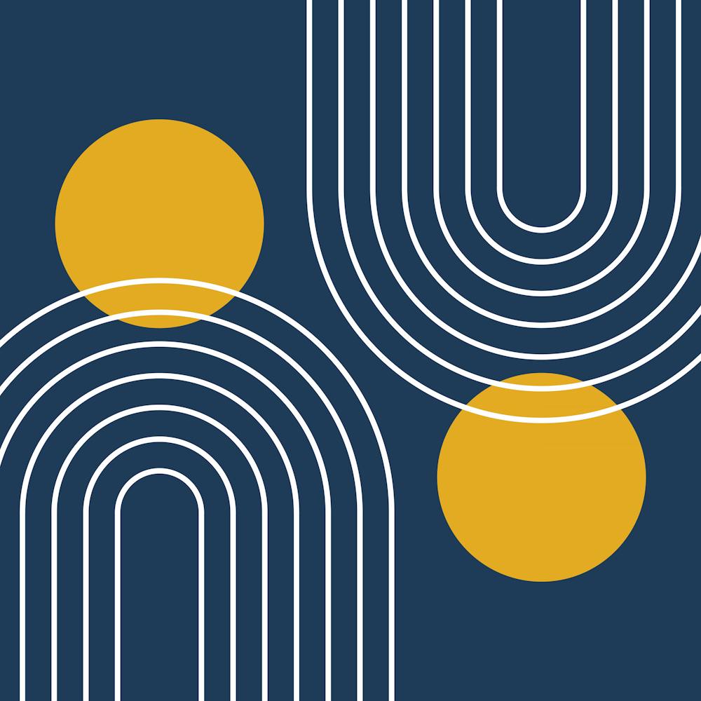 Mid Century Modern Geometric In Navy Blue And Mustard Yellow (Rainbow And Sun Abstract) 02