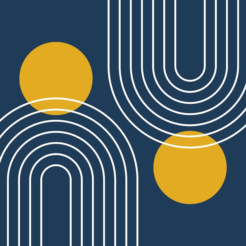 Mid Century Modern Geometric In Navy Blue And Mustard Yellow (Rainbow And Sun Abstract) 02