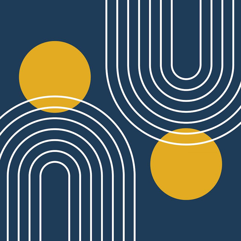 Mid Century Modern Geometric In Navy Blue And Mustard Yellow (Rainbow And Sun Abstract) 02