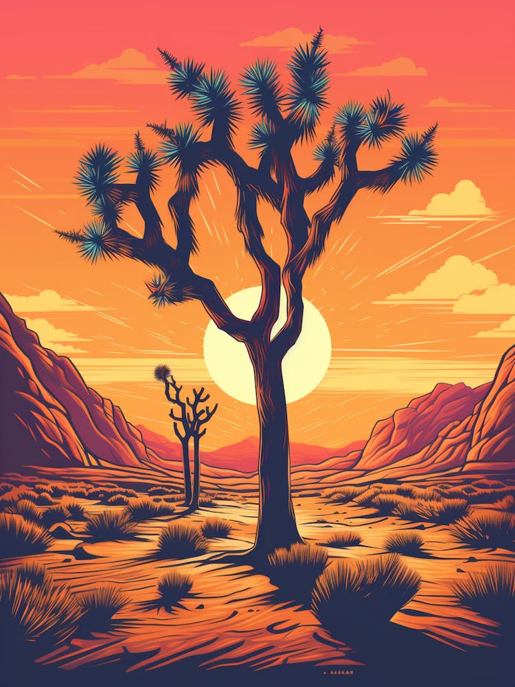 Retro Illustration Of A Joshua Trees At Dusk In Desert 7