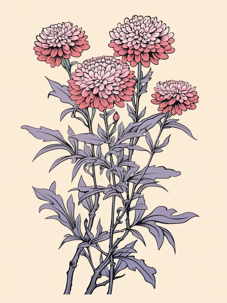 Omurasaki Japanese Aster Vintage Japanese Botanical