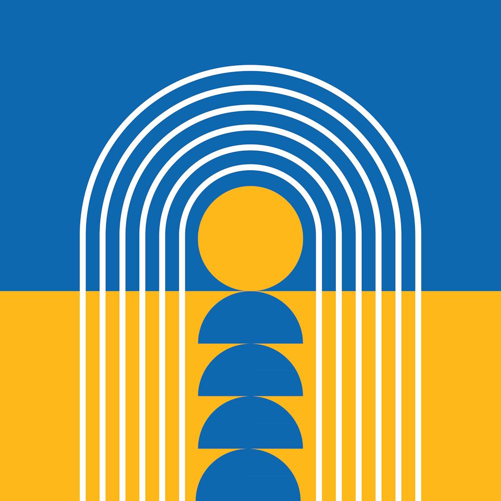 Sunrise Sunset Midcentury Modern Geometric Abstract 14 In French Blue Mustard 02