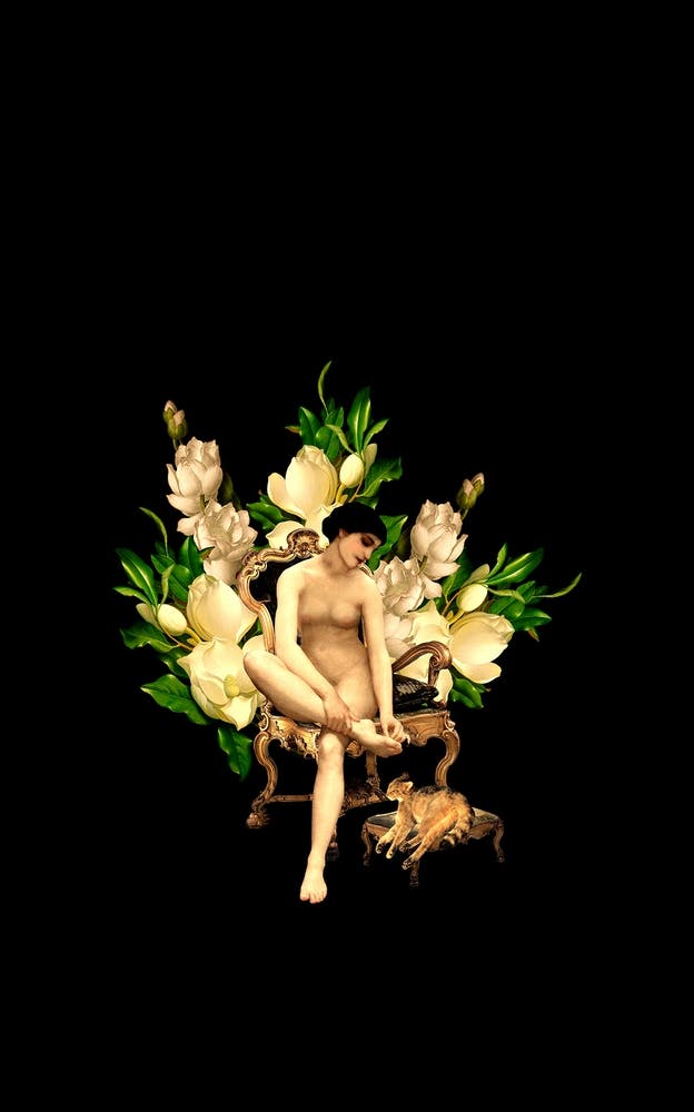 Vintage Naked Girl Sitting In Armchair With Dog And Magnolia Flowers