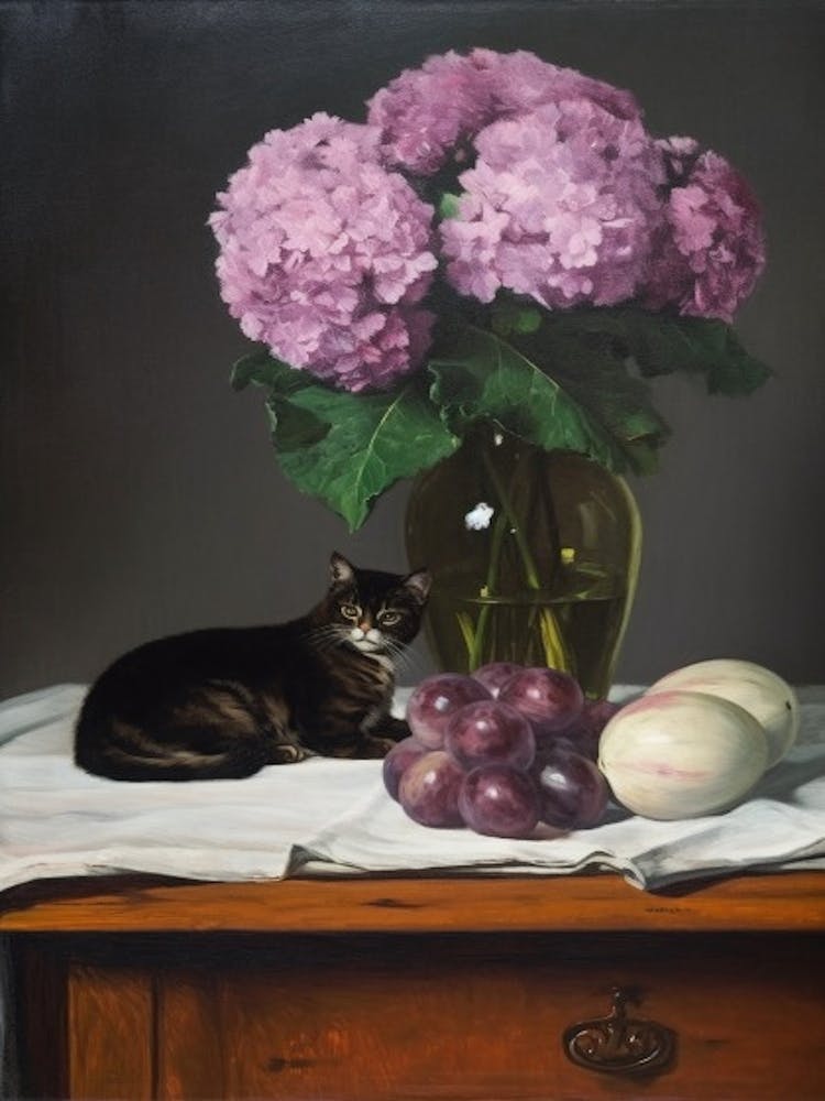 Painting Of A Still Life Of A Lilac With A Cat, Realism 4