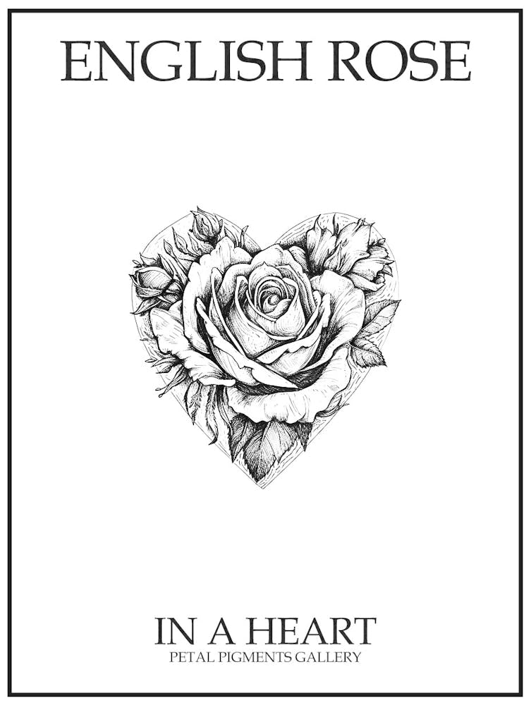 English Rose In A Heart Line Drawing 1 Poster
