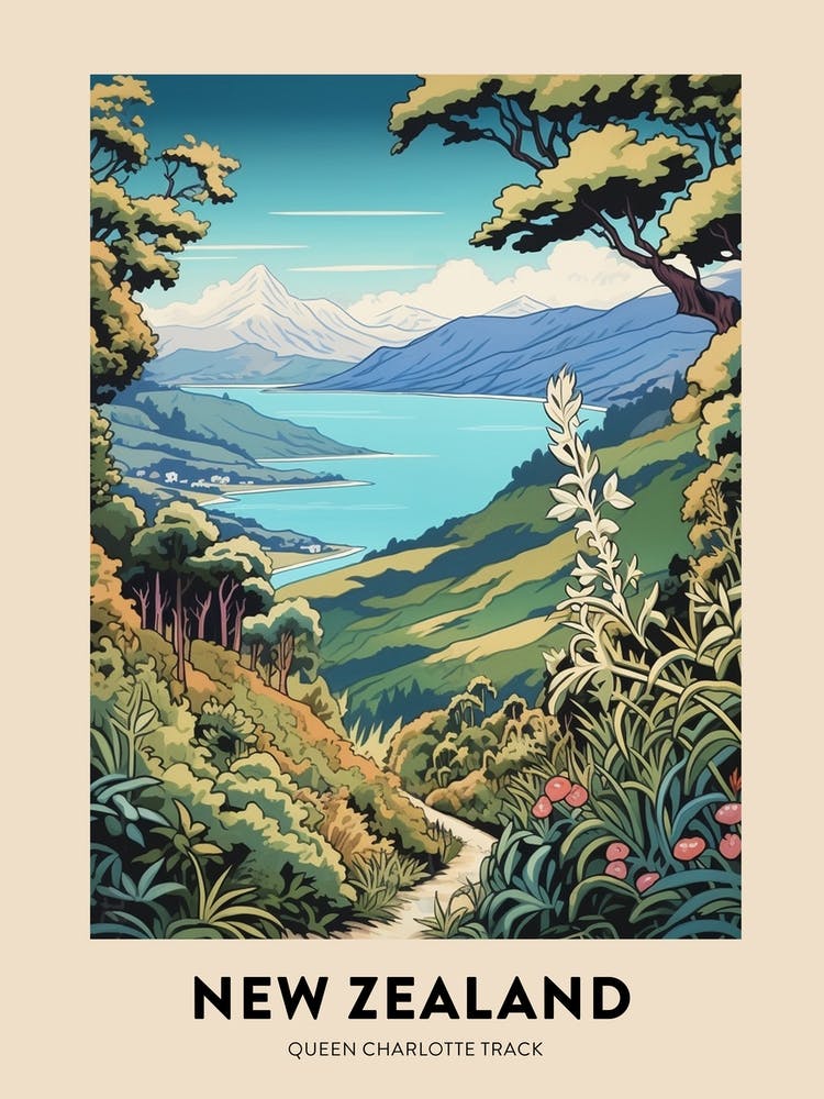 Queen Charlotte Track New Zealand Vintage Hiking Travel Poster