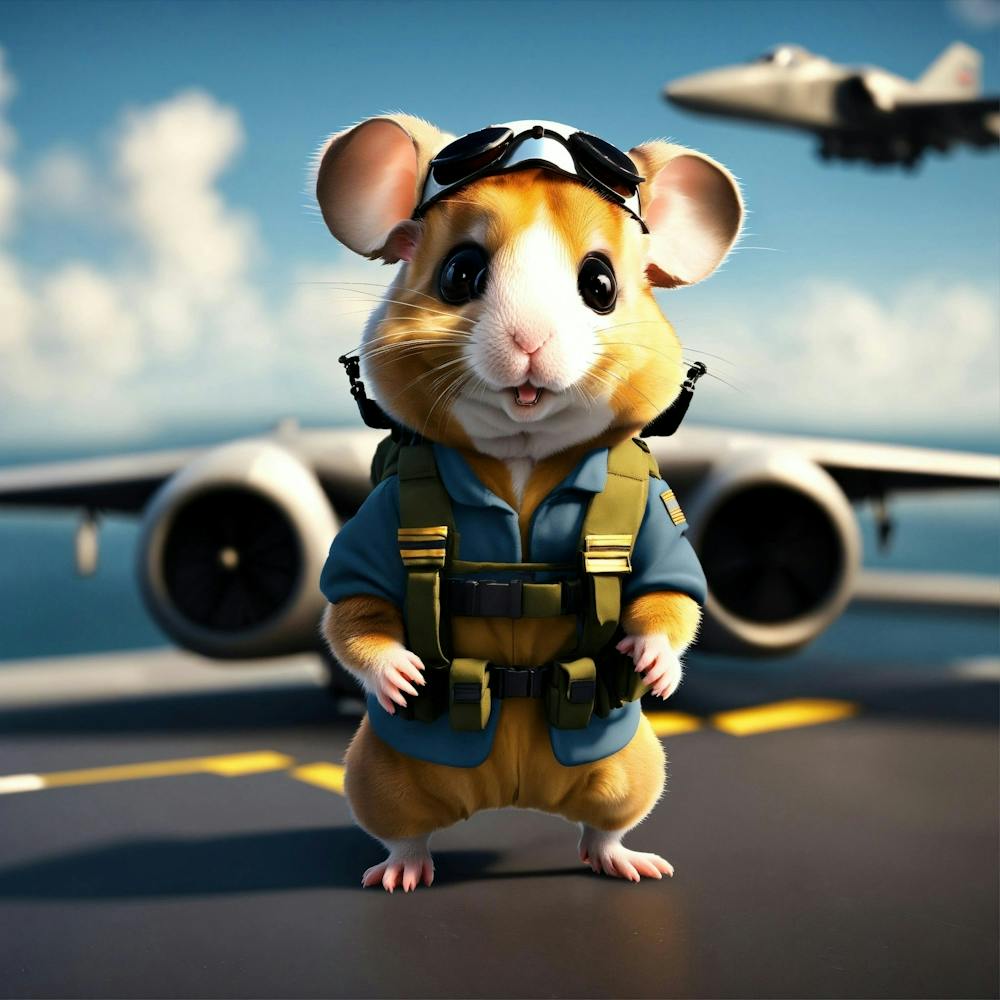 A Cute Fluffy Hamster Pilot Walking On A Military 1