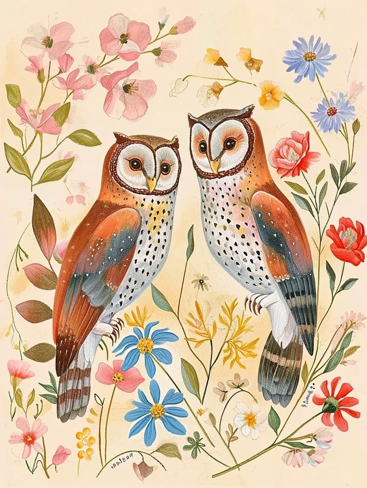 Folksy Floral Animal Drawing Owl 5
