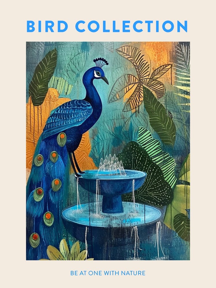 Linework Leaves & Peacock In A Fountain Poster