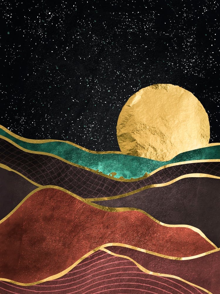 Landschaft Leinwanddruck - Goldene Landschaft mit Mond #2