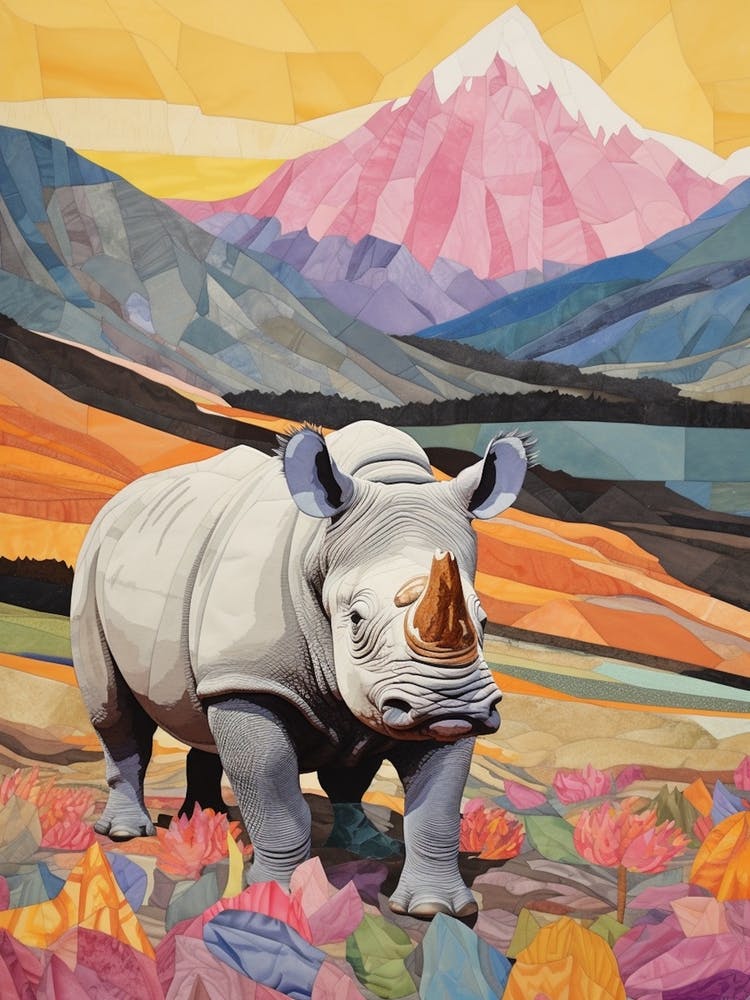 Patchwork Floral Rhino With Mountain In The Background 5