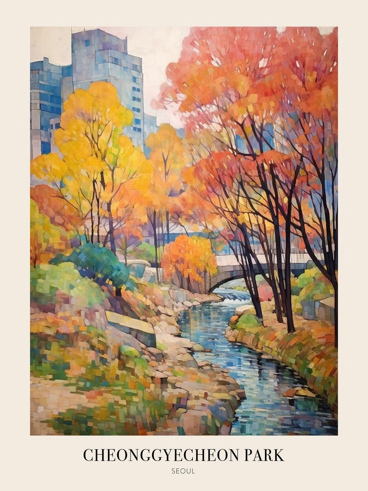 Autumn City Park Painting Cheonggyecheon Park Seoul Poster