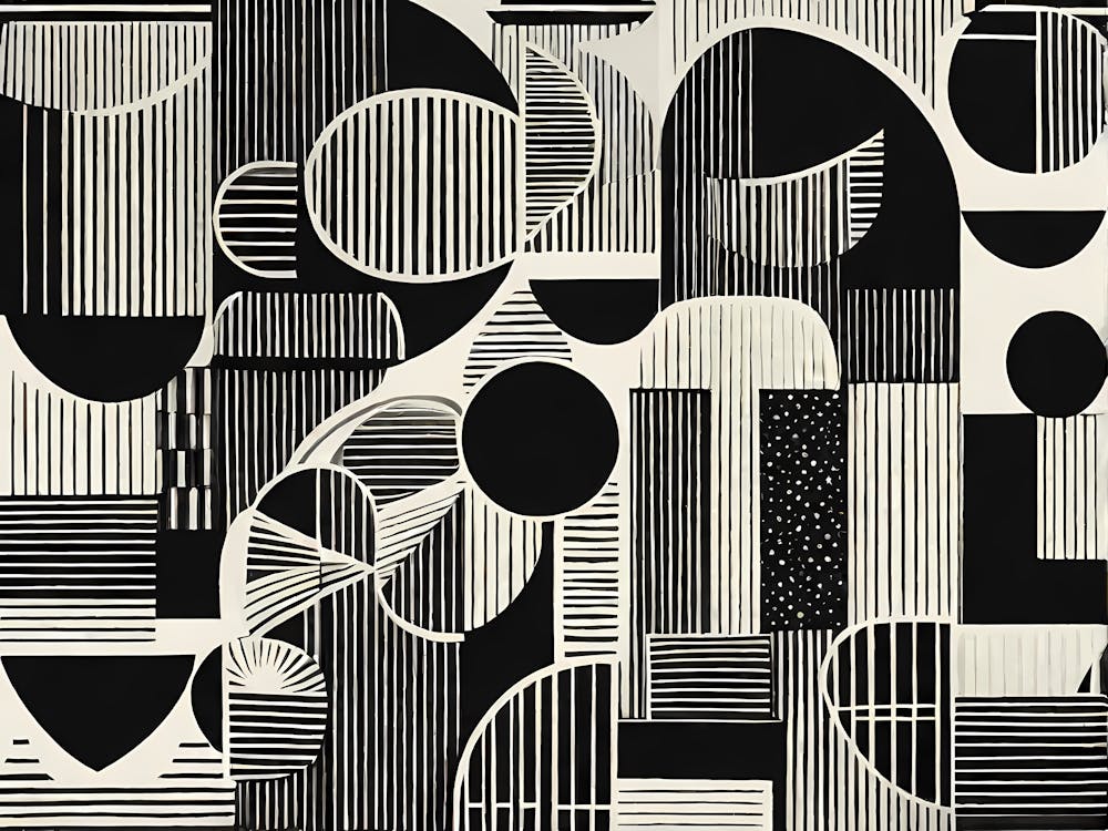 Retro Inspired Linocut Abstract Shapes Black And White Colors art, 229