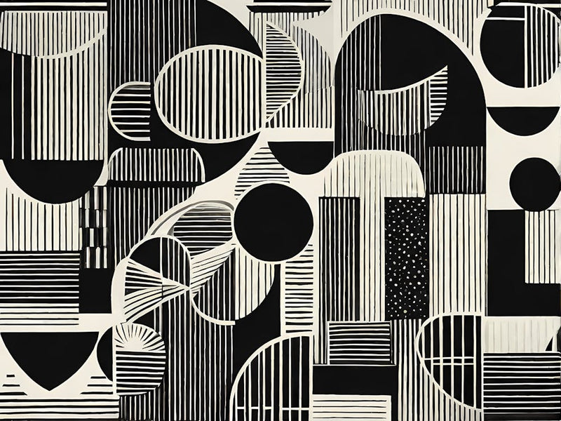 Retro Inspired Linocut Abstract Shapes Black And White Colors art, 229