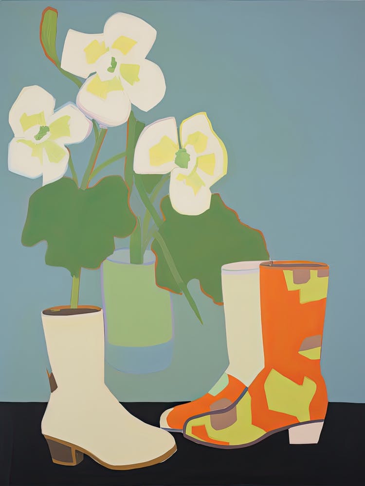 A Painting Of Cowboy Boots With White Flowers, Pop Art Style 9