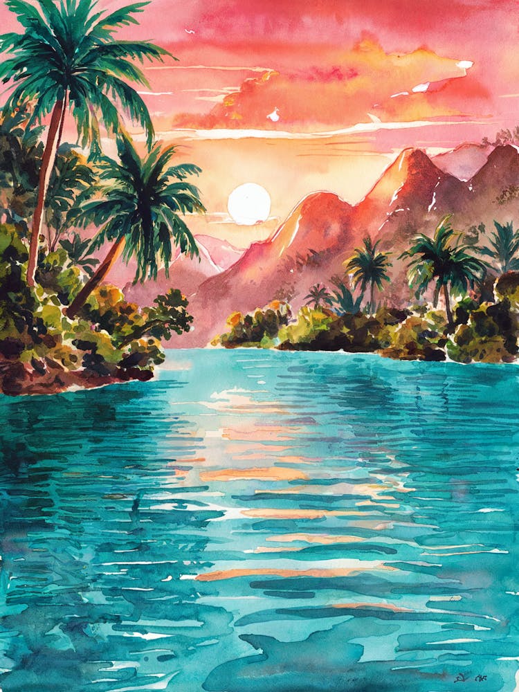Into the water, Watercolor Of A Tropical Sunset
