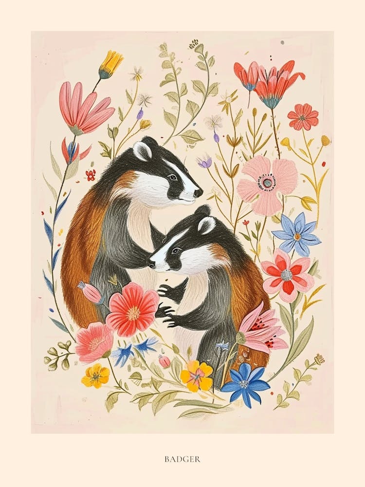 Folksy Floral Animal Drawing Badger 4 Poster