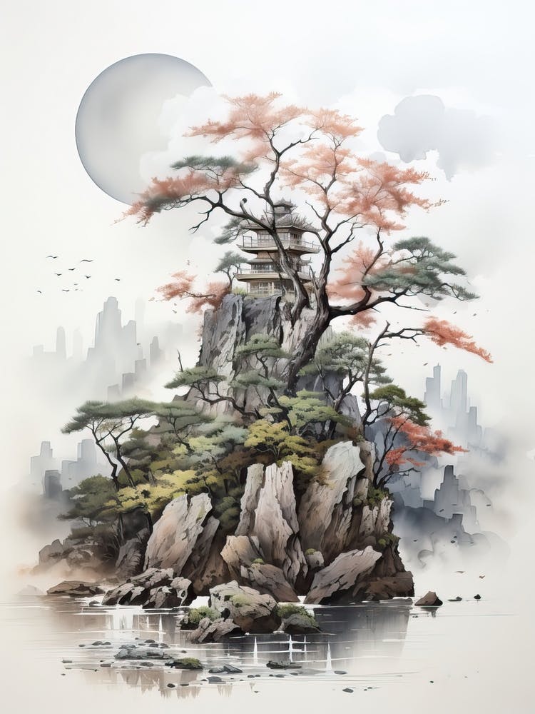 Amanohashidate In Kyoto, Japanese Brush Painting, Ukiyo E, Minimal 2