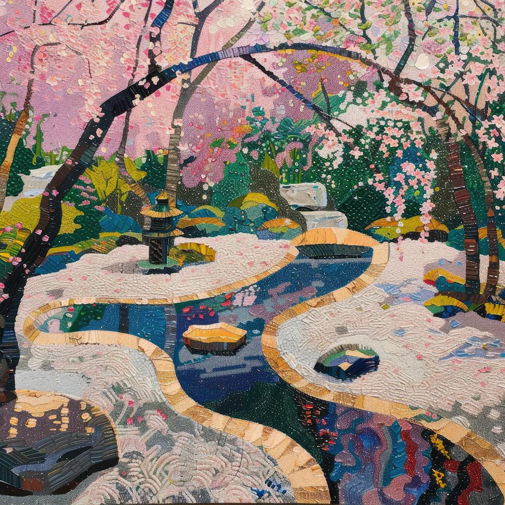 Japanese Zen Garden in Spring Series. Style of David Hockney 2