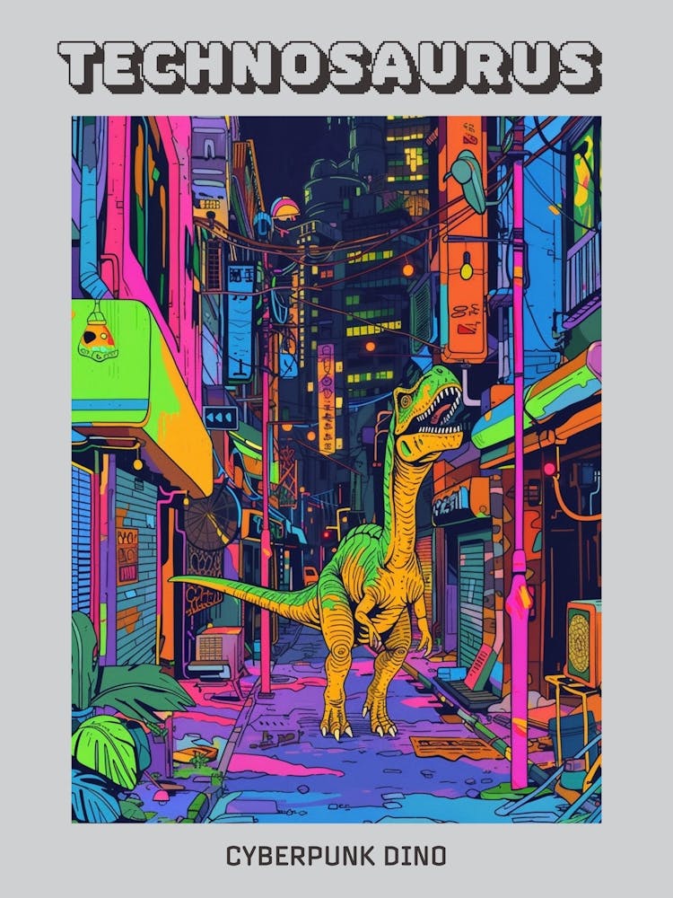 Cyberpunk Neon Dinosaur Inspired Illustration Poster
