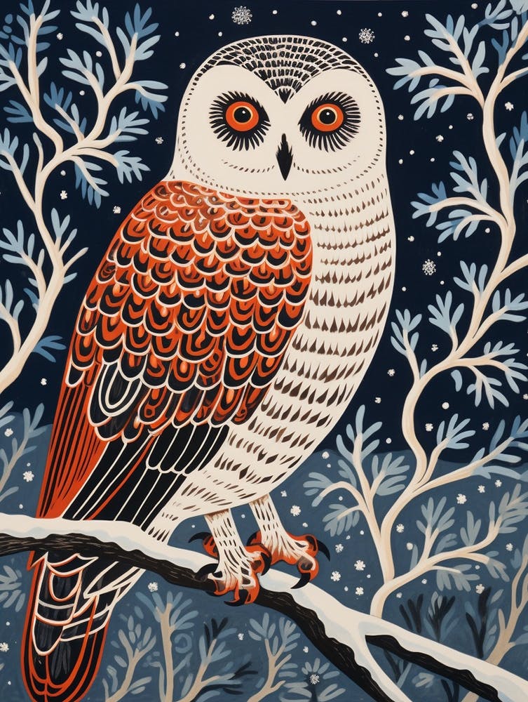 Vintage Bird Linocut Snowy Owl 4