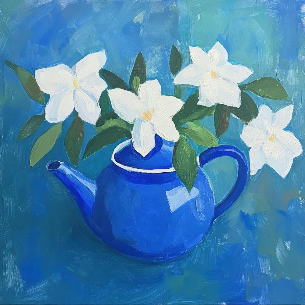 Blue Teapot With White Flowers 1