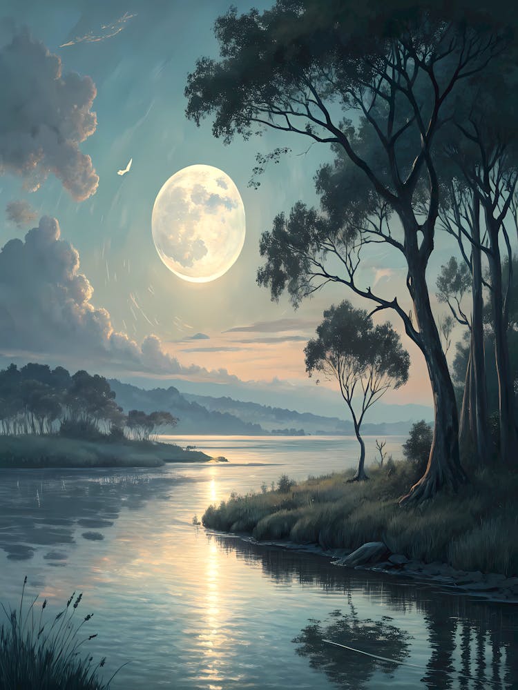 Oil Painting Style Moonlit River Reflection Serene Night Landscape