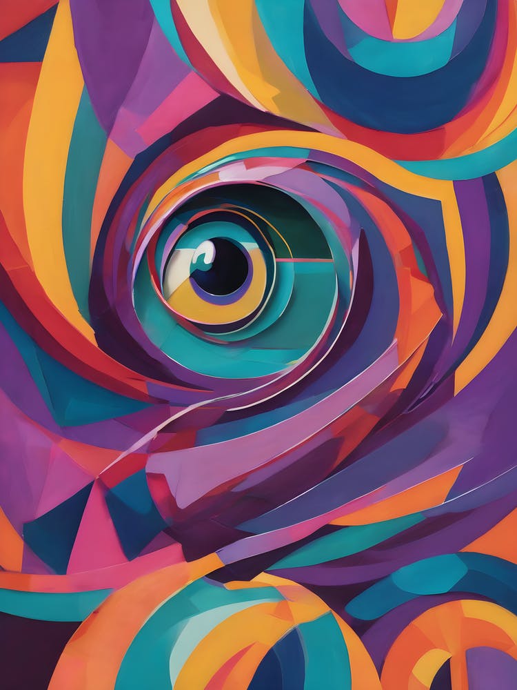Hesitate - Abstract Art Deco Geometric Shapes Oil Painting Modernist Inspired Eyes Bold Gold Green Turquoise Red Purple Face Visionary Fantasy Style Wall Decor Surrealism Trippy Cool Room Art Invoke Psychedelic