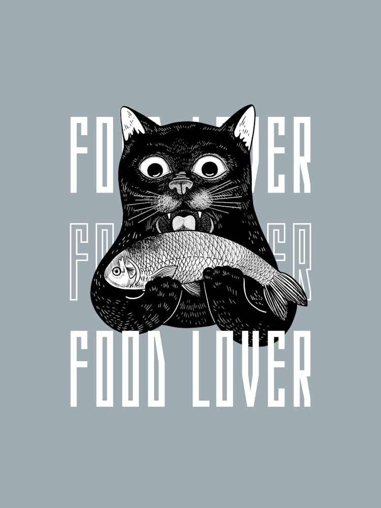 Food Lover Cat Poster – Funny Black Cat With Fish Wall Art