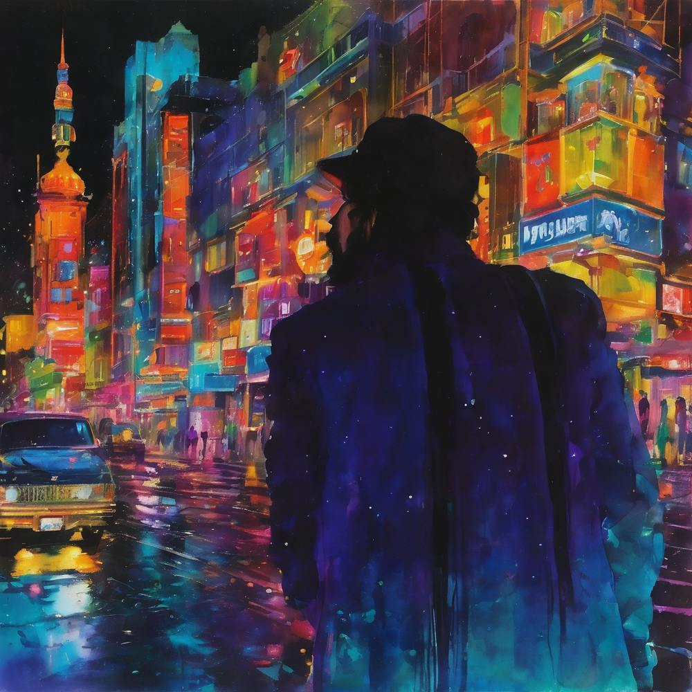 Neon-lit dramatic dark ambiance.