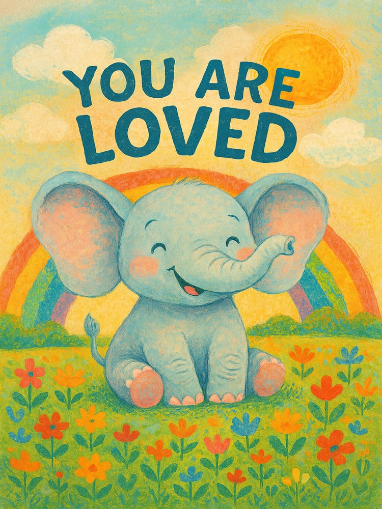 You Are Loved Elephant Print – Cute Nursery Wall Art, Inspirational Baby Room Decor, Rainbow Animal Poster