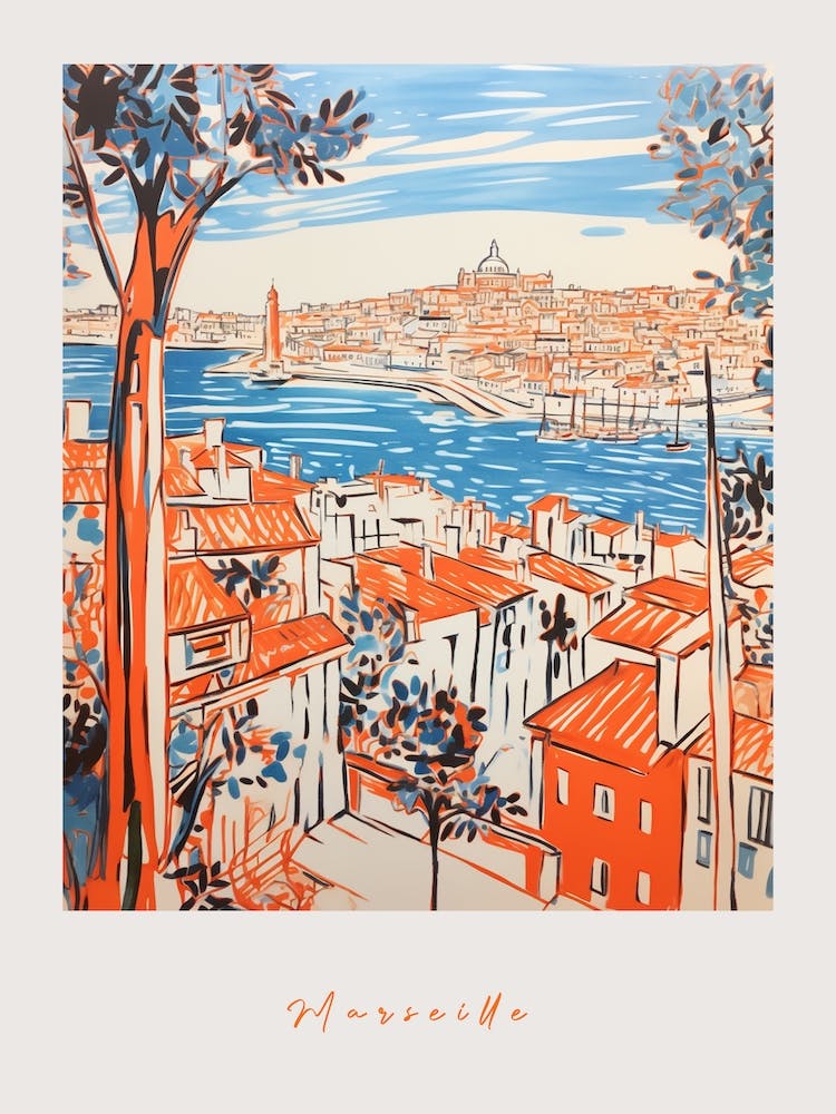 Marseille France 3 Orange Drawing Poster