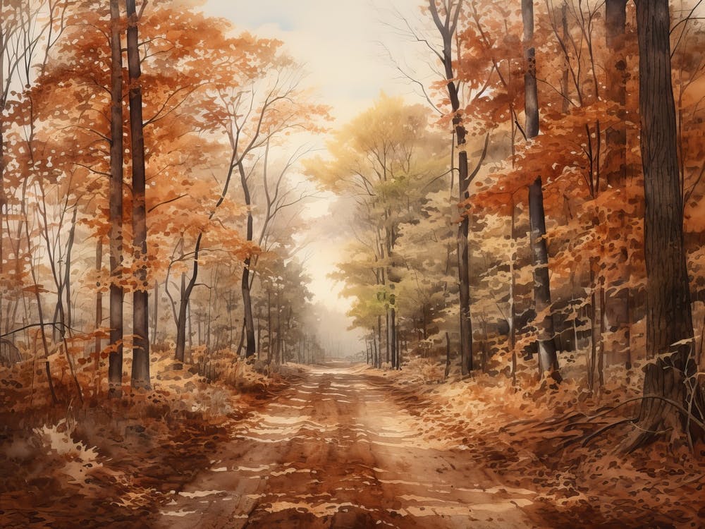 Une Peinture de Route de Campagne Traversant les Bois en Automne 58