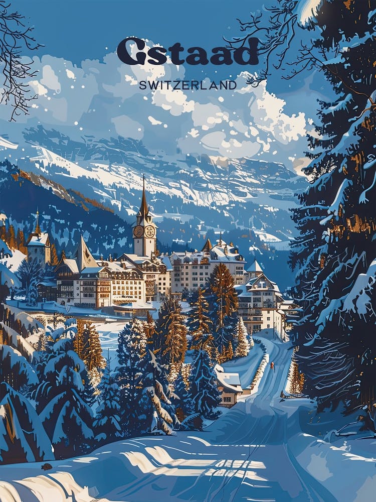 Gstaad Switzerland Ski Resort Travel Art Illustration