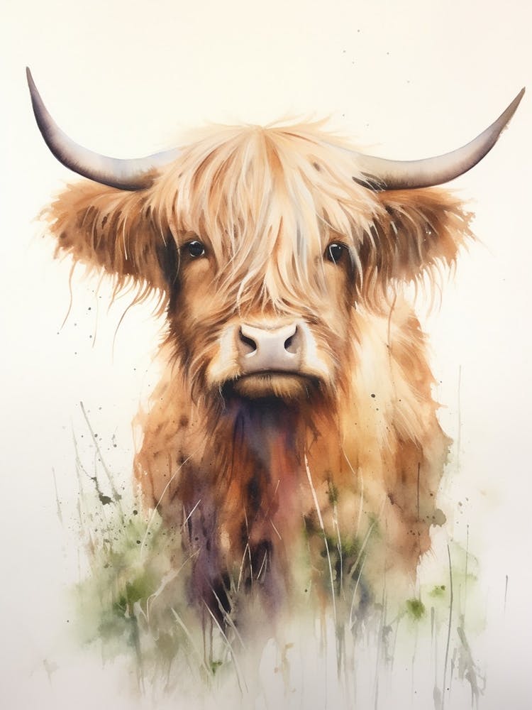 Simplistic Watercolour Portrait Of Highland Cow