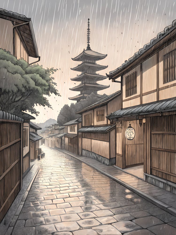 Minimalist Ink Sketch Of A Rainy Kyoto Street In