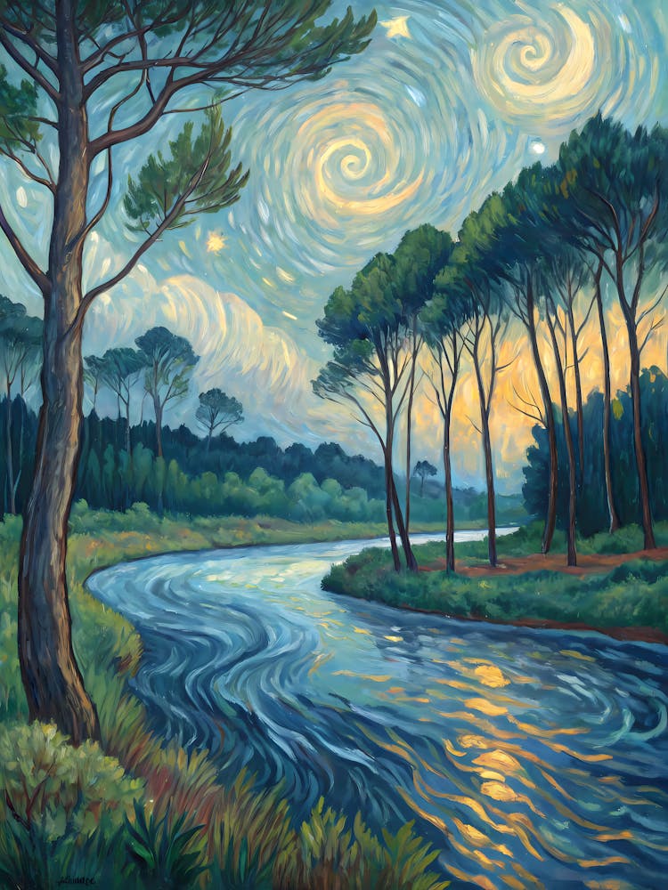 Van Gogh Style River Surreal Moonlit Landscape
