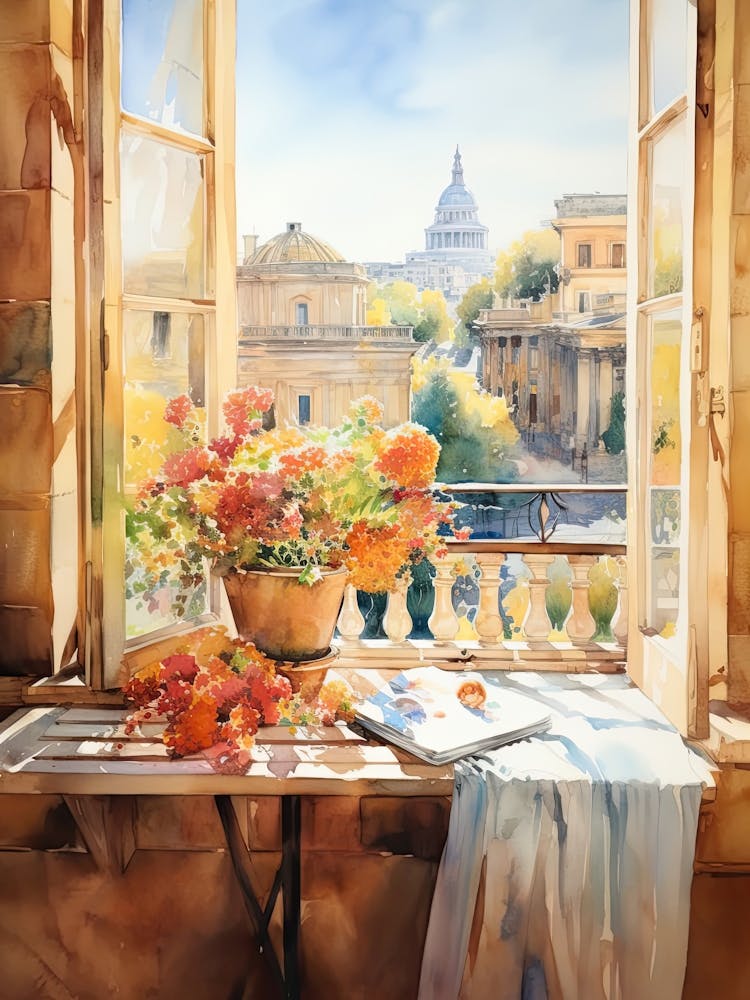 Window View Of Rome Italy In Autumn Fall, Watercolour 2