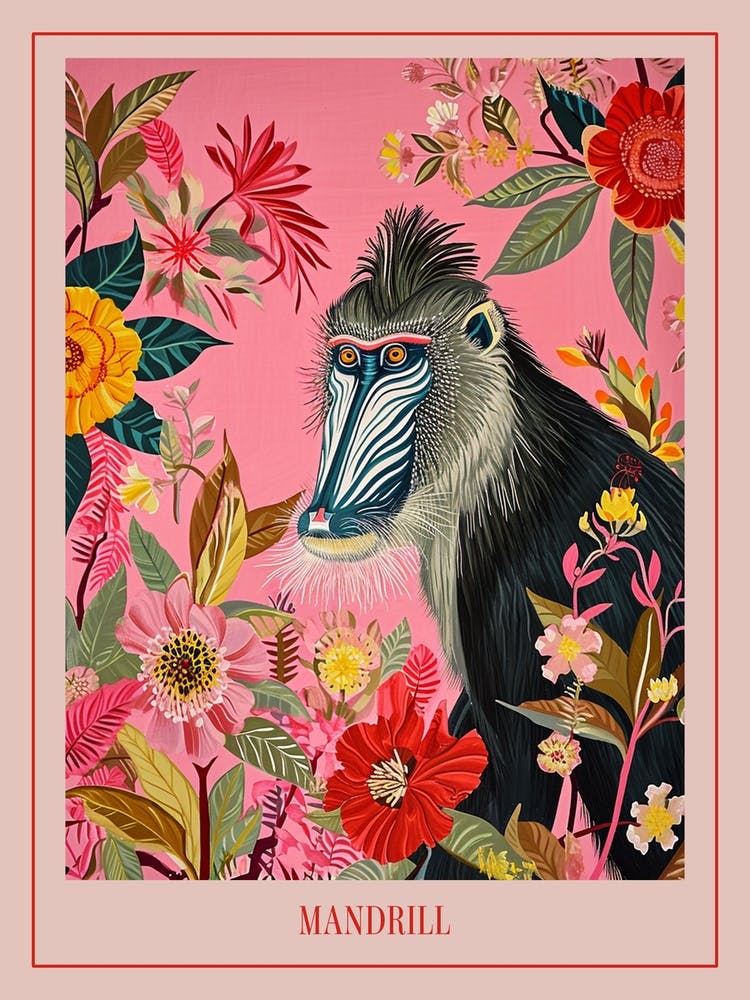 Floral Animal Painting Mandrill 2 Poster