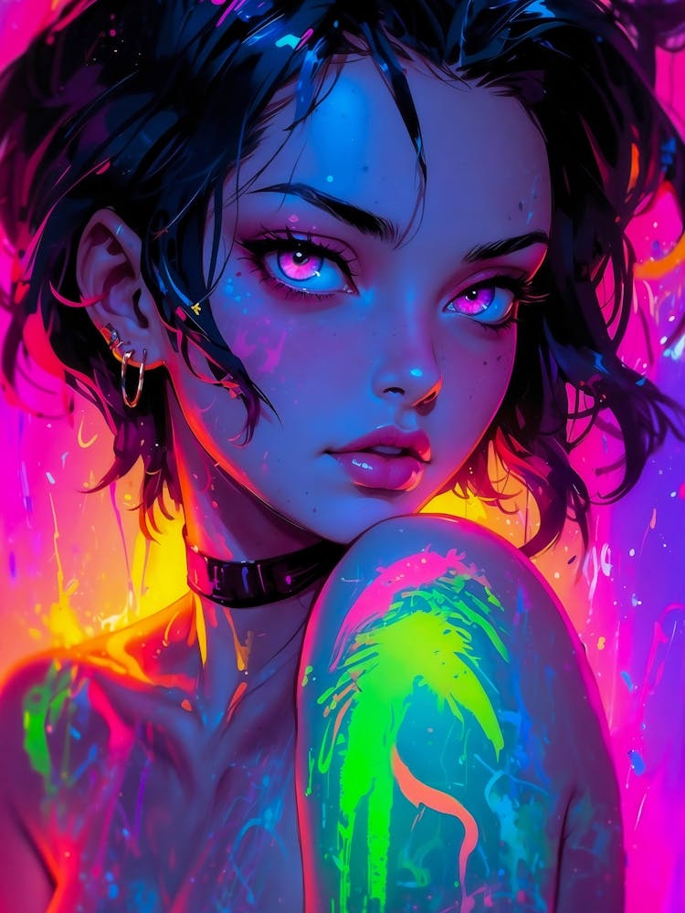 Cyberpunk anime girl with neon eyes and vibrant colors Japanese manga.